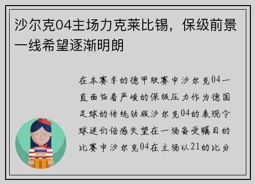 沙尔克04主场力克莱比锡,保级前景一线希望逐渐明朗 沙尔克04主场力克莱比锡,保级前景一线希望逐渐明朗