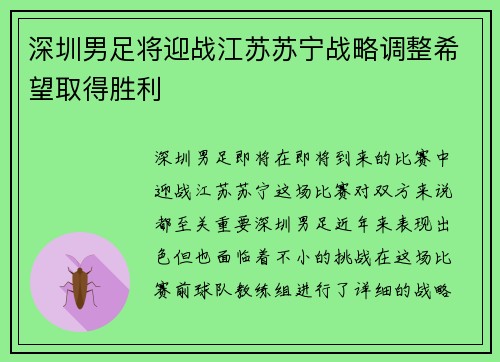 深圳男足将迎战江苏苏宁战略调整希望取得胜利 深圳男足将迎战江苏苏宁战略调整希望取得胜利