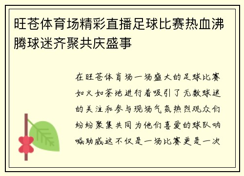 旺苍体育场精彩直播足球比赛热血沸腾球迷齐聚共庆盛事 旺苍体育场精彩直播足球比赛热血沸腾球迷齐聚共庆盛事